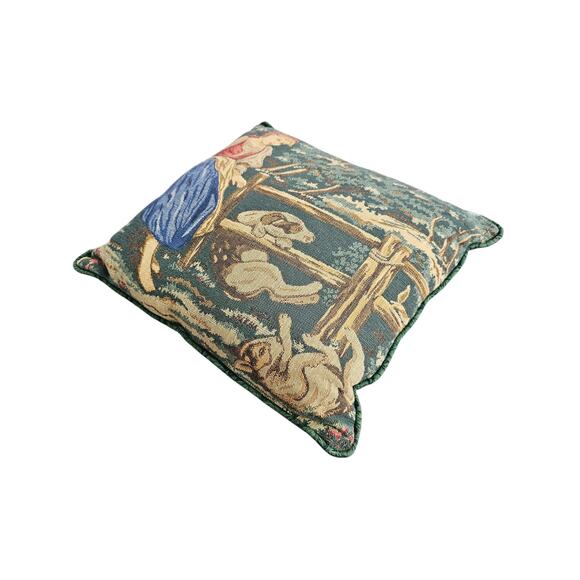 Country Scene Tapestry Girl sitting on Fence Farm Animals Dog Throw Pillow 14" - Picture 3 of 5